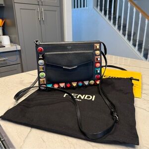 Fendi Vitello Dolce Studded Mini 2Jours Pouch Navy Multicolor Crossbody Clutch